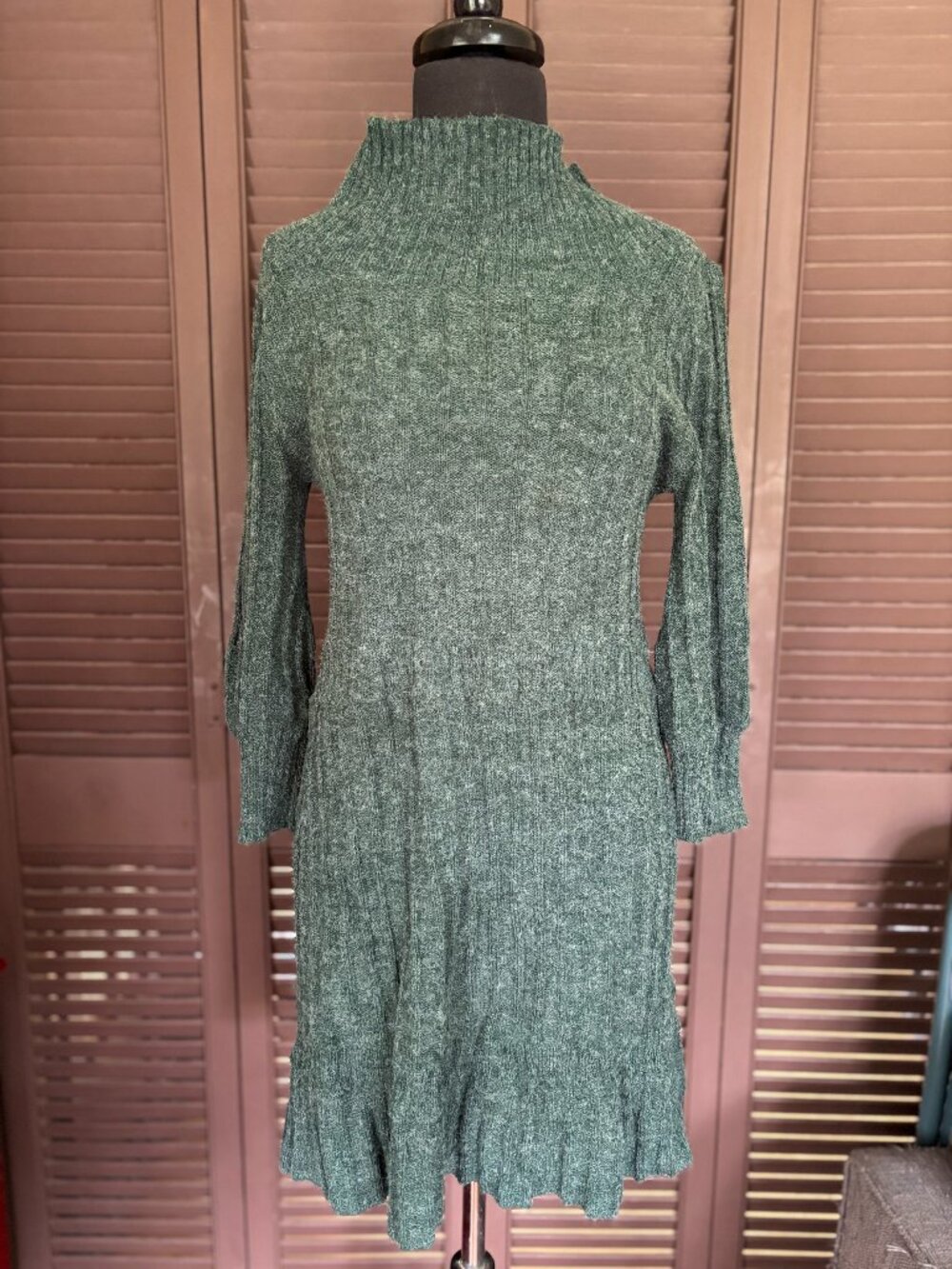 Cowl-neck seafoam coloured knit long sleeve dress